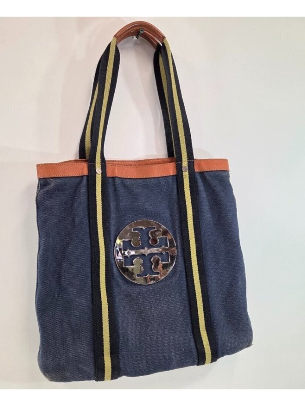 Tory Burch Large Pacey Book Tote Bag Blue Canvas Large Logo Purse